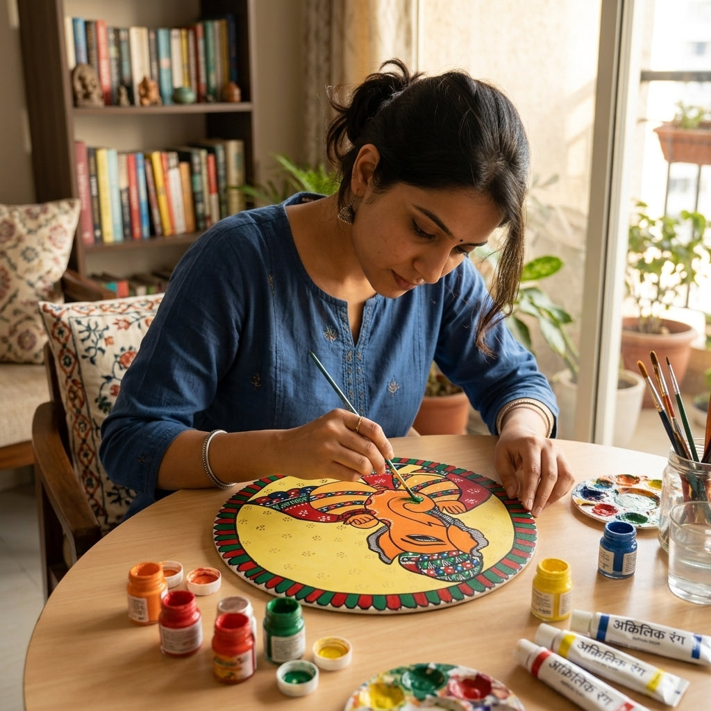Handmade Ganesha Madhubani Painting Wall Art on MDF Board – Traditional Mithila Home Decor
