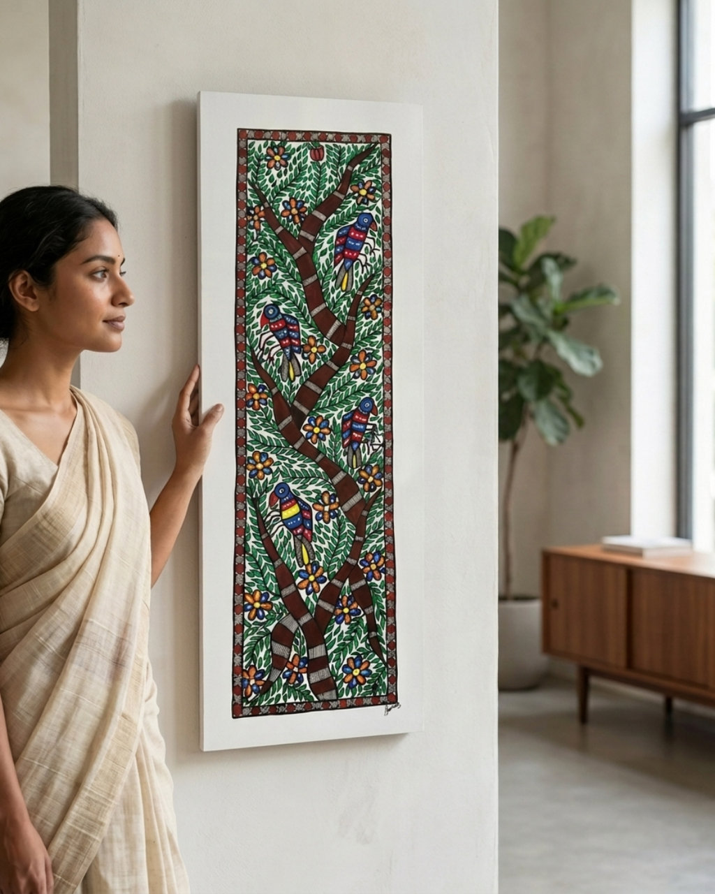 Tree of Life Madhubani Painting with Birds | Handmade Wall Art