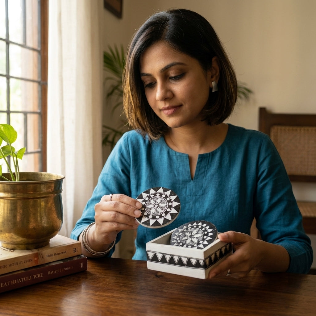 Handmade Rangoli Design Madhubani Coaster Set with Stand |  Tea Coasters (Set of 6)