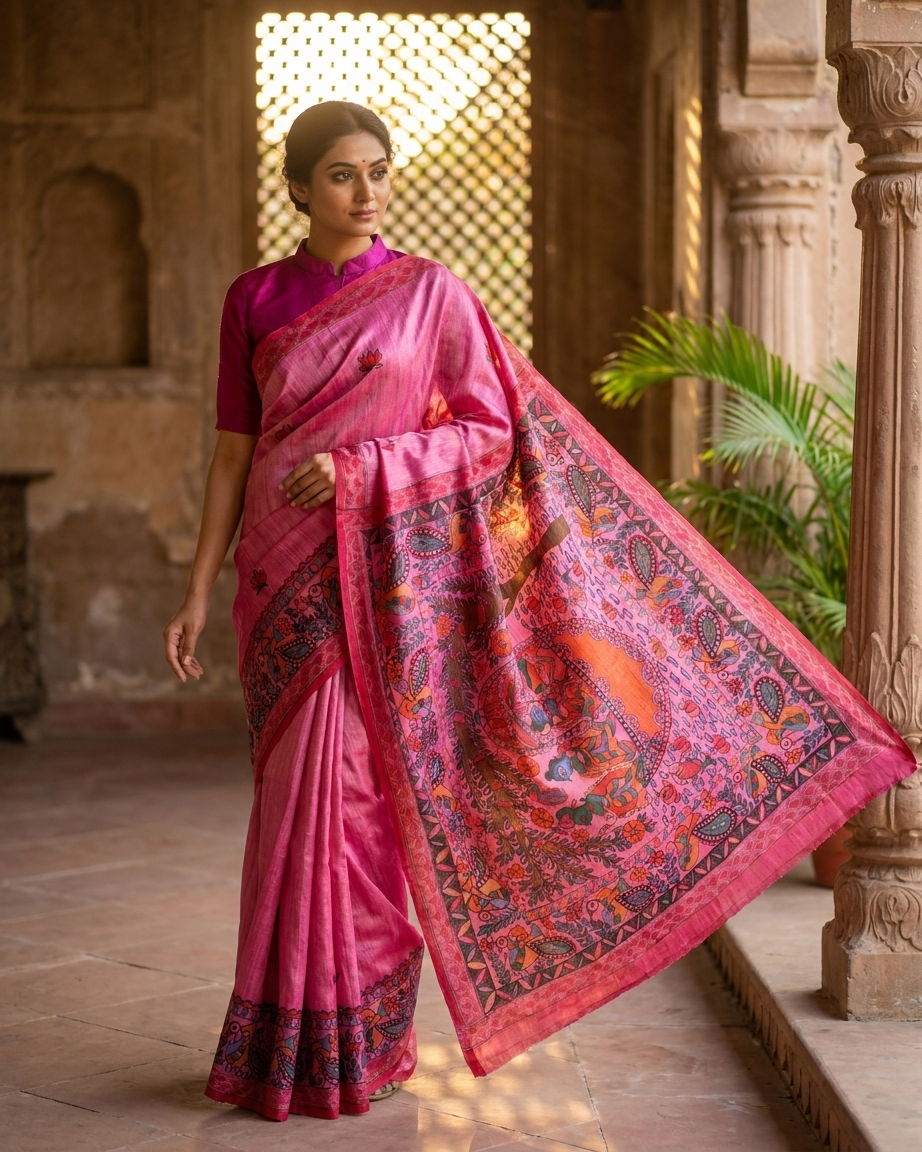 Handmade Madhubani Painting Saree with Blouse | Ethnic Saree