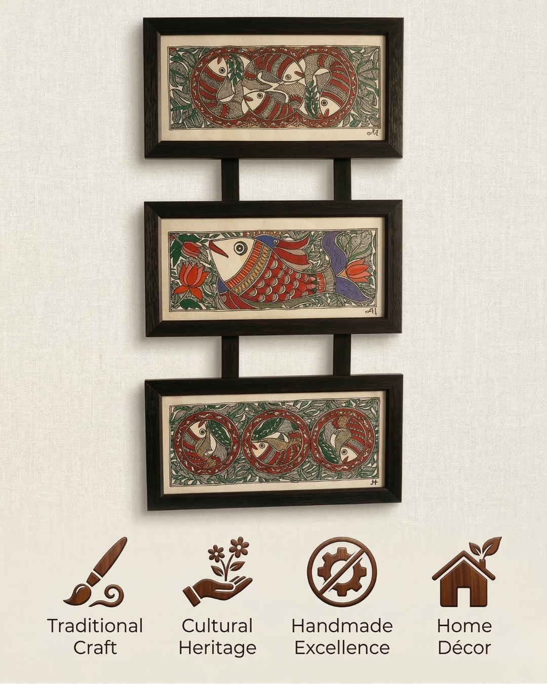 Fish Raas Madhubani Triple Frame Wall Hanging – Handmade Decor