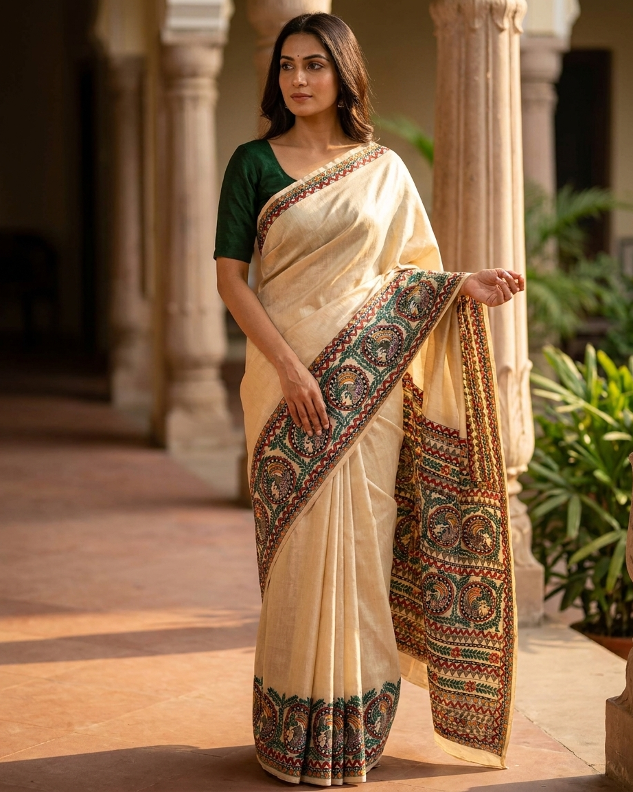 Handmade Madhubani Painting Saree with Blouse | Hand-Painted Ethnic Saree for Women