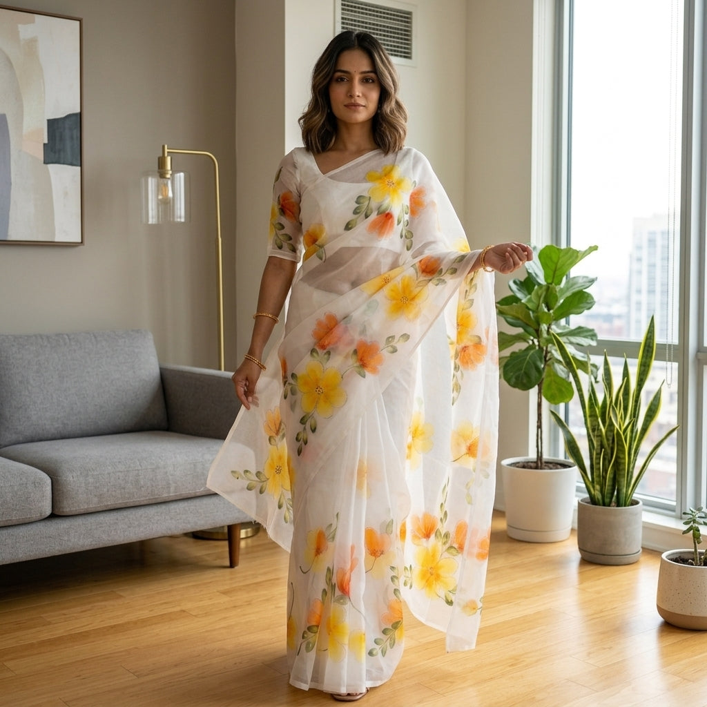 White Floral Handmade Madhubani Painting Saree with Blouse