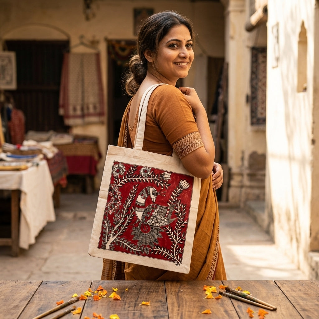Madhubani Painting Tote Bag – Handmade  Ethnic Art Carry Bag for Daily Use