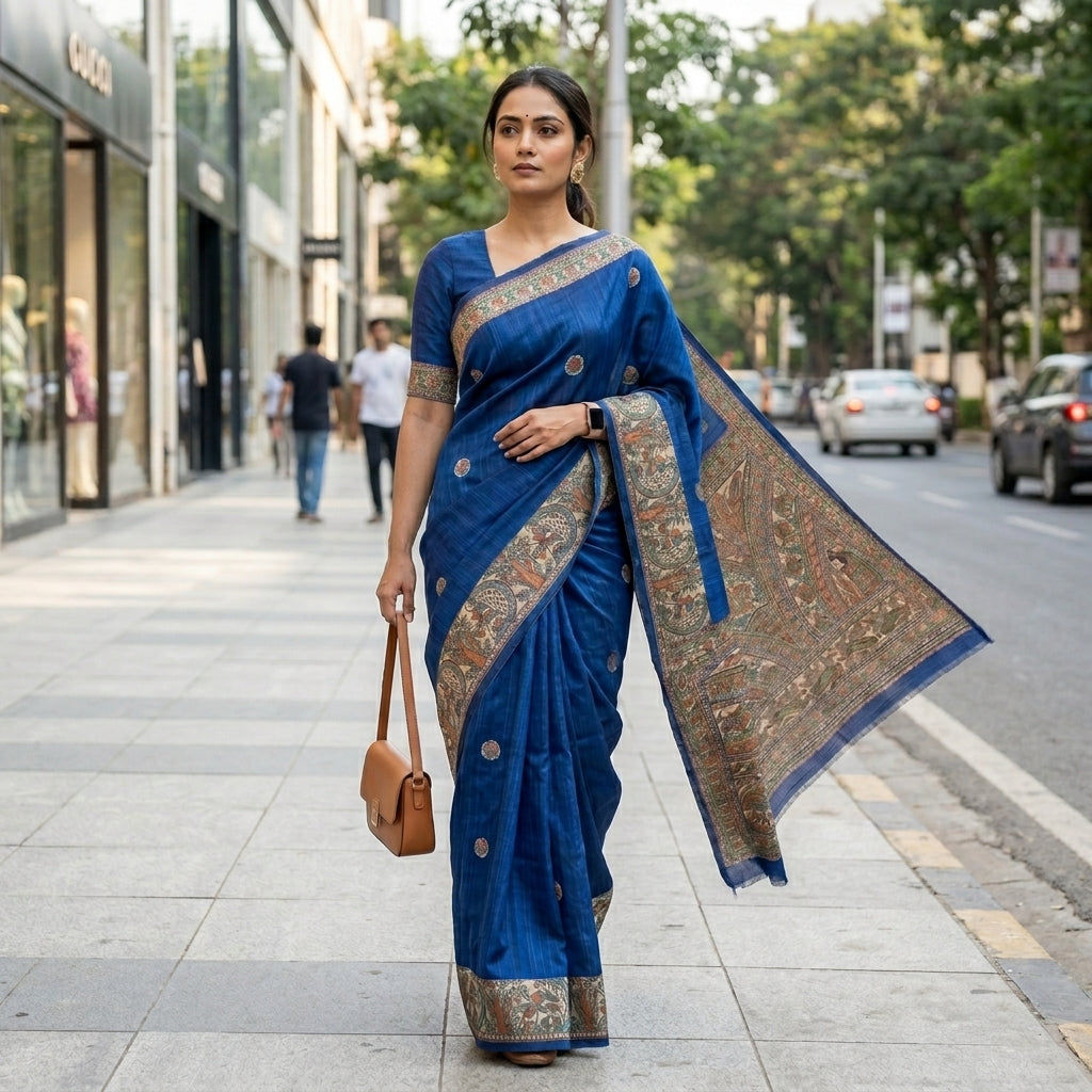 Blue Handmade Madhubani Painting  Saree with Blouse