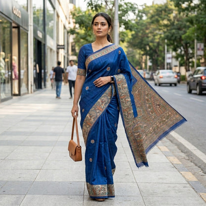 Blue Handmade Madhubani Painting Saree with Blouse