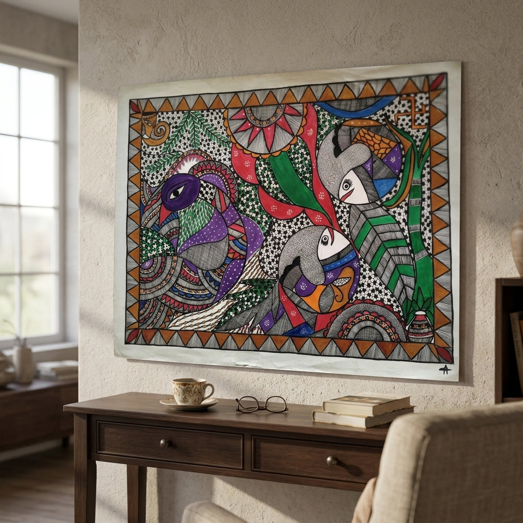Fish and Peacock Madhubani Painting Handmade Paper Wall Art Without Frame