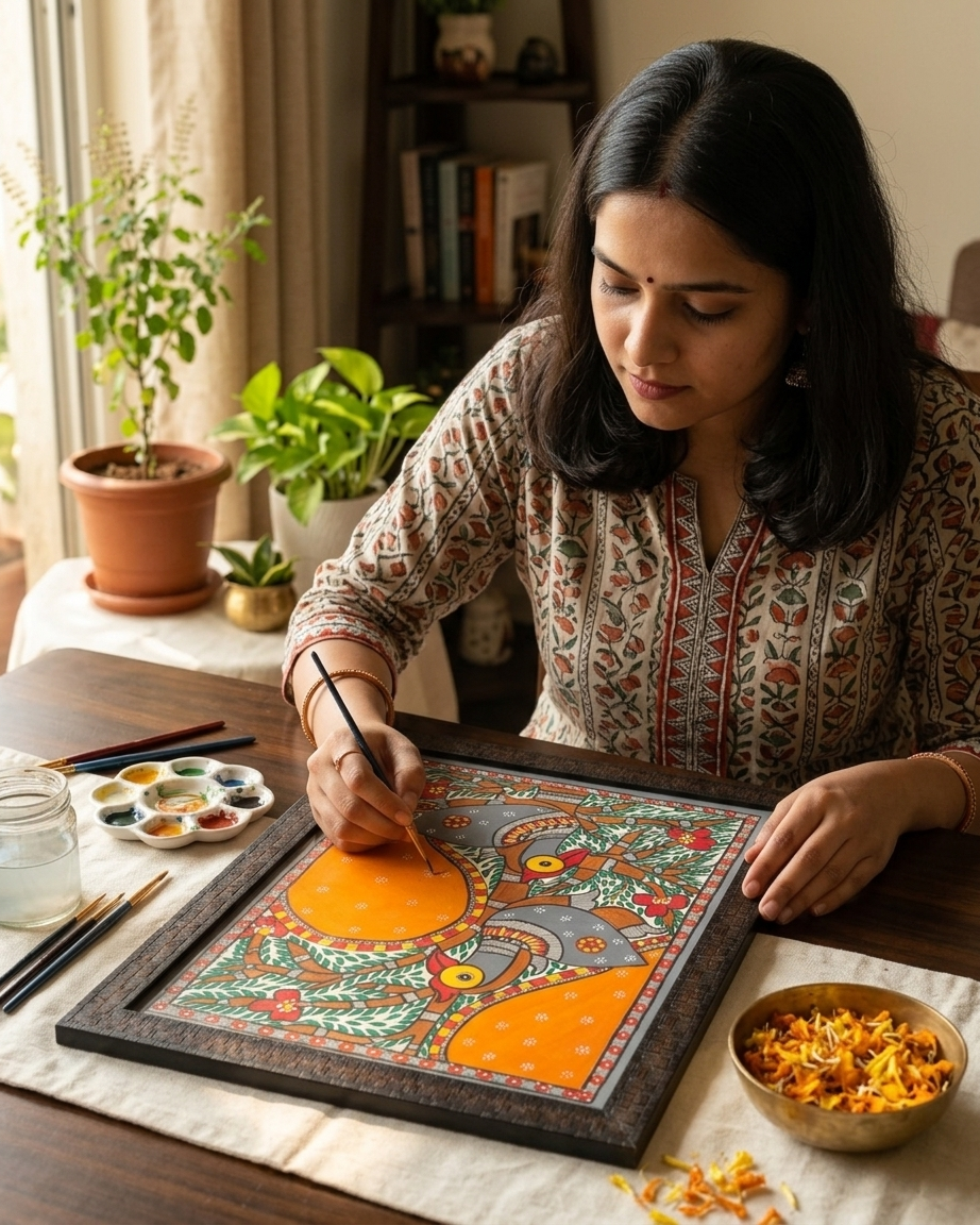Peacock Madhubani Painting  with Frame – Traditional Indian Wall Art