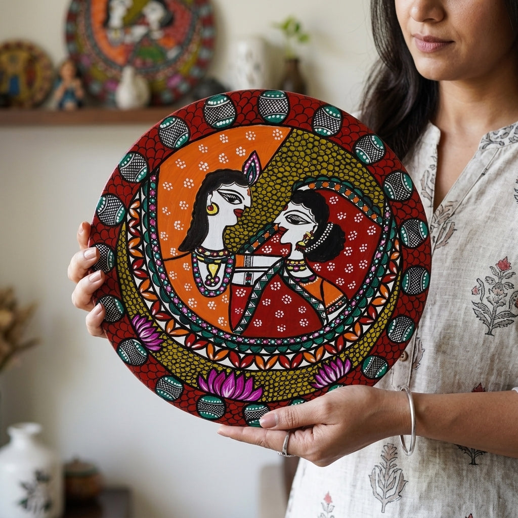 Krishna and Radha Madhubani Wall Art on MDF Board – Handmade Mithila Painting for Home Décor