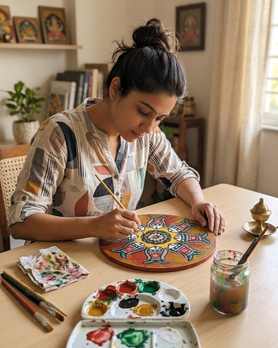 Fish Madhubani Wall Art on MDF Board – Handmade Mithila Painting for Home Decor