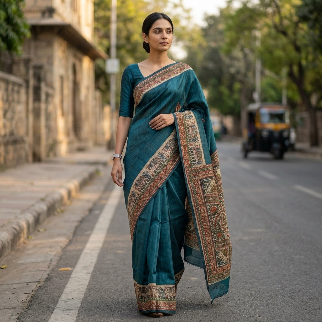 Traditional Blue Handmade Madhubani Painting Saree with Blouse