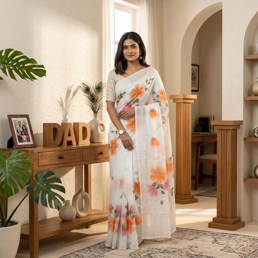 Floral Handmade Madhubani Painting Saree with Blouse  | Hand-Painted Mithila Art Saree for Women