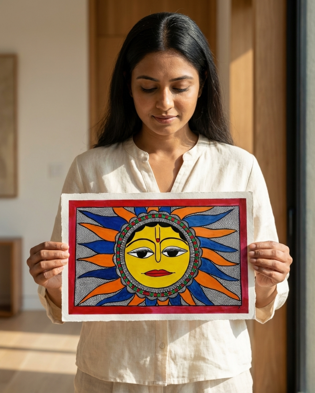 Sun Madhubani Painting on Handmade Paper (14x22 Inch) – Traditional Mithila Folk Art Wall Decor