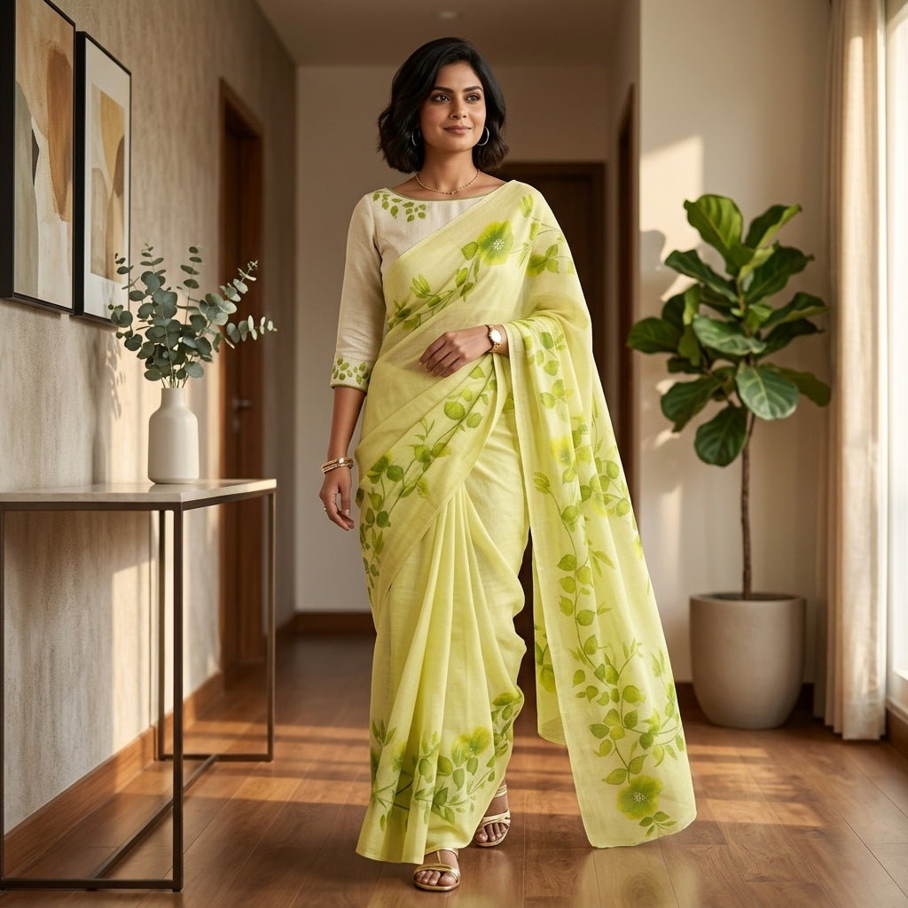 Light Green Floral Handmade Madhubani Painting Saree with Blouse – Handcrafted Mithila Art Saree for Women