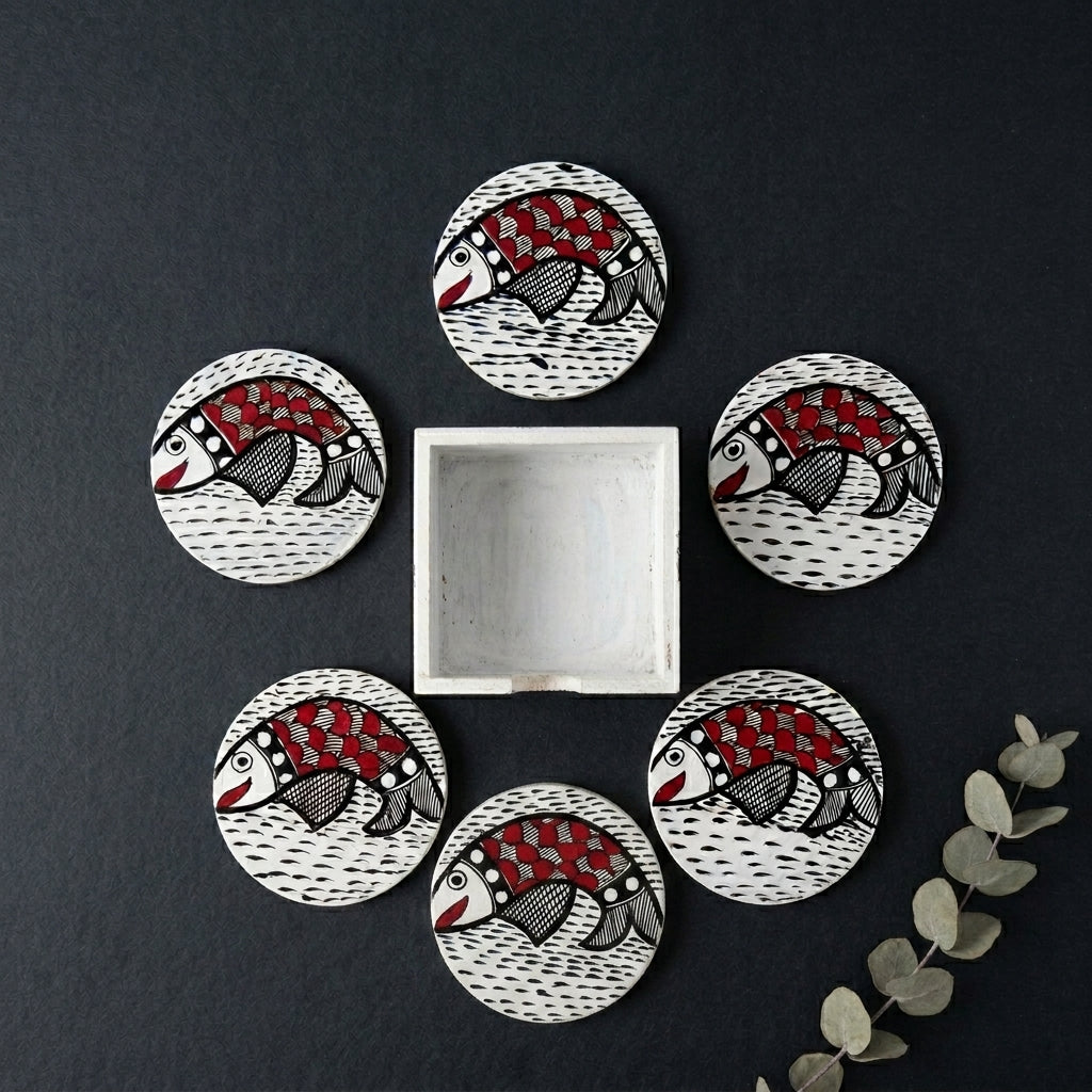 Handmade Fish Design Coaster Set with Stand | Madhubani Painting Tea Coasters Set of 6