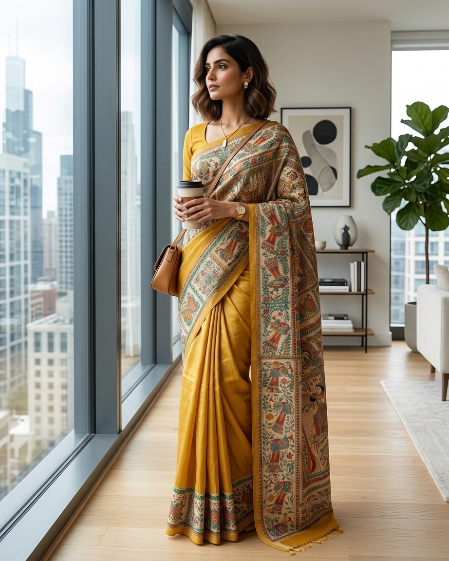 Handmade Madhubani Painting Saree with Blouse | Hand-Painted Ethnic Saree for Women