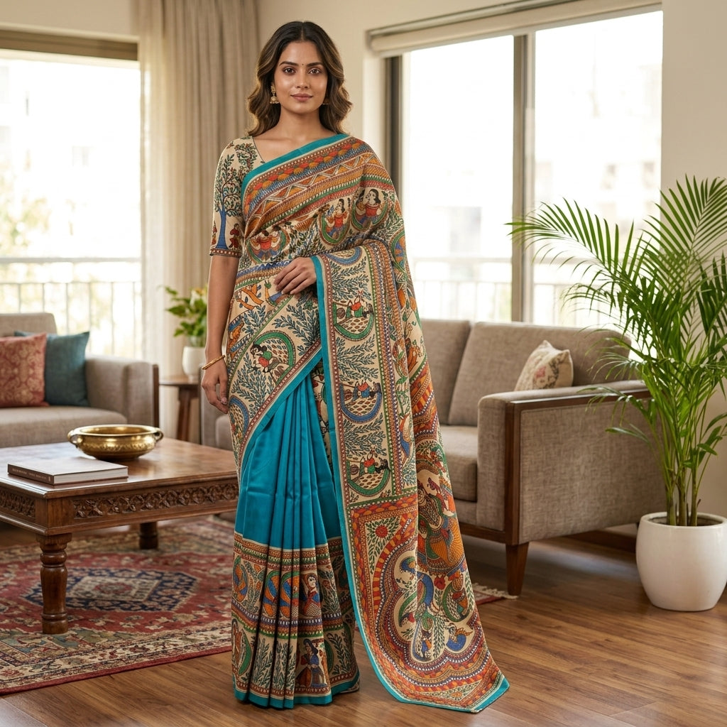 Bright Blue Handmade Madhubani Painting  Saree with Blouse
