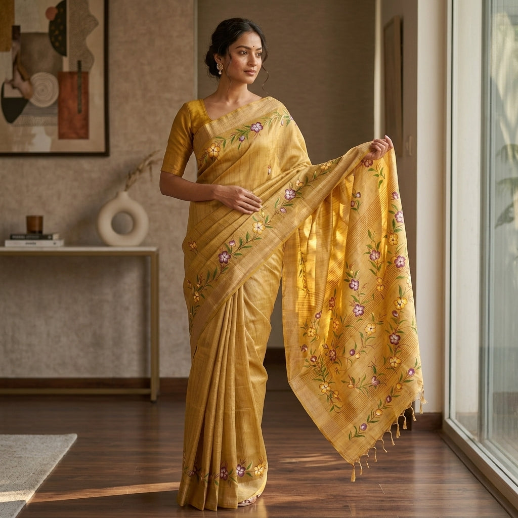 Golden Beige Floral Handmade Madhubani Painting  Saree with Blouse