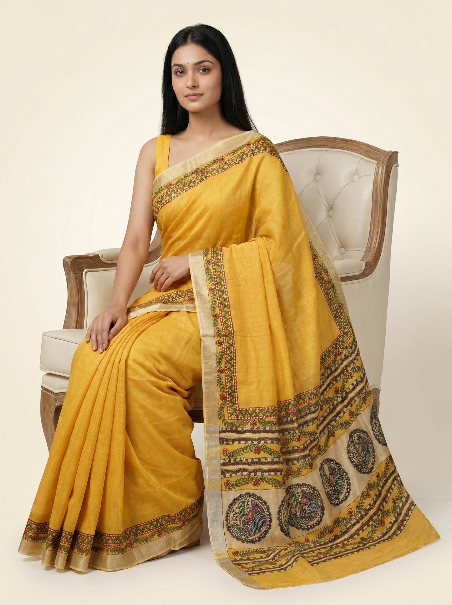 Mustard Yellow Handmade Madhubani Saree with Blouse