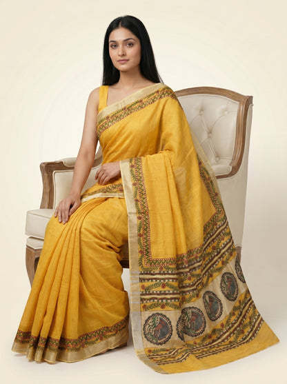 Mustard Yellow Handmade Madhubani Saree with Blouse