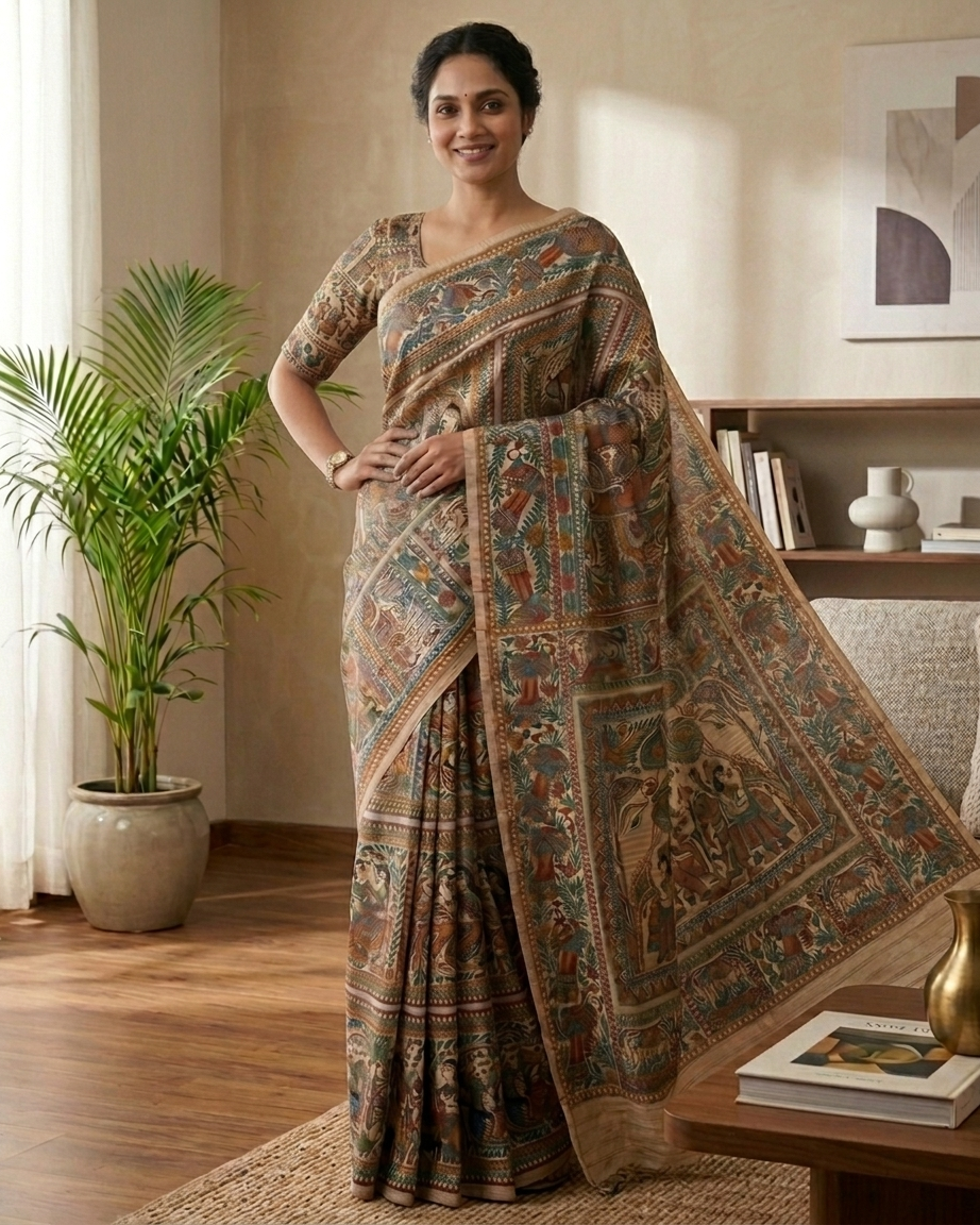 Handmade Madhubani Painting Saree with Blouse | All Over Ethnic Saree for Women