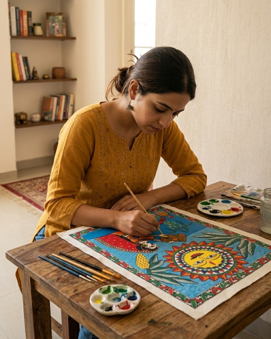 Chhath Puja Madhubani Painting – Handmade Traditional Indian Wall Art