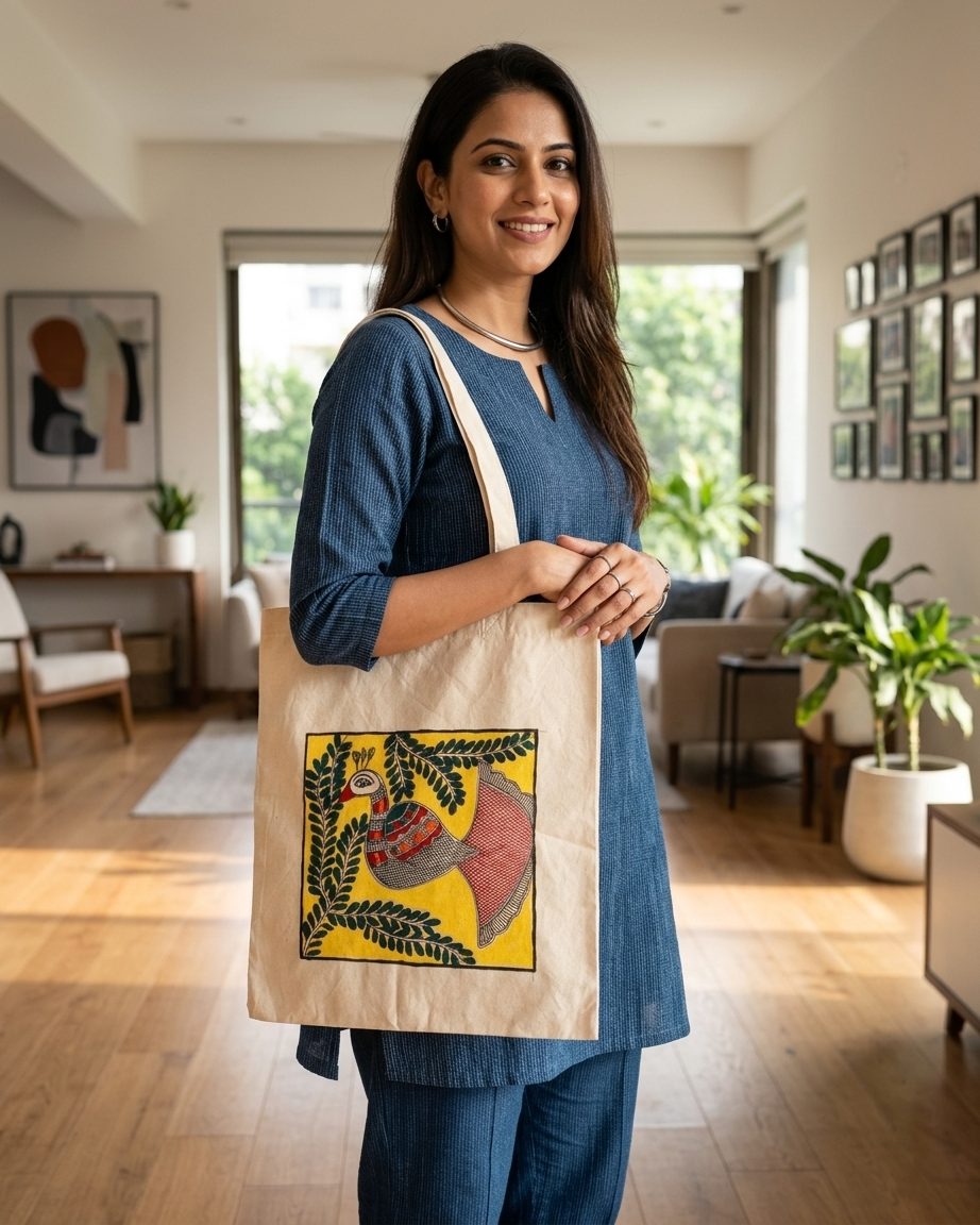 Hand-Painted Madhubani Tote Bag for Ethnic Style