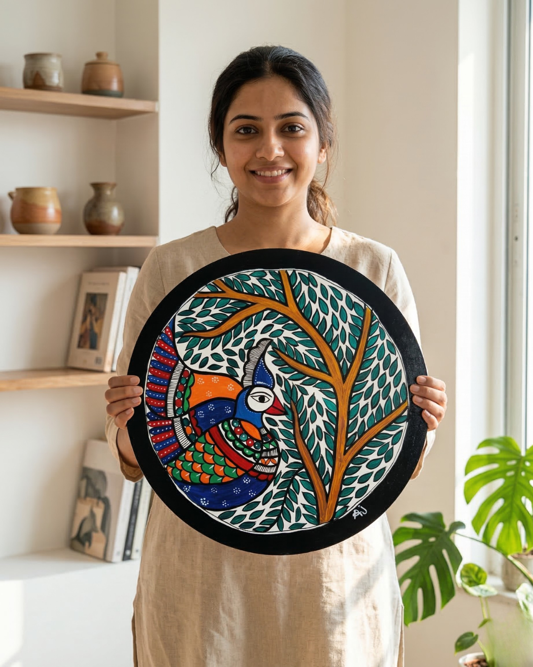 Peacock and Tree Madhubani Wall Art | 12 Inch MDF Board