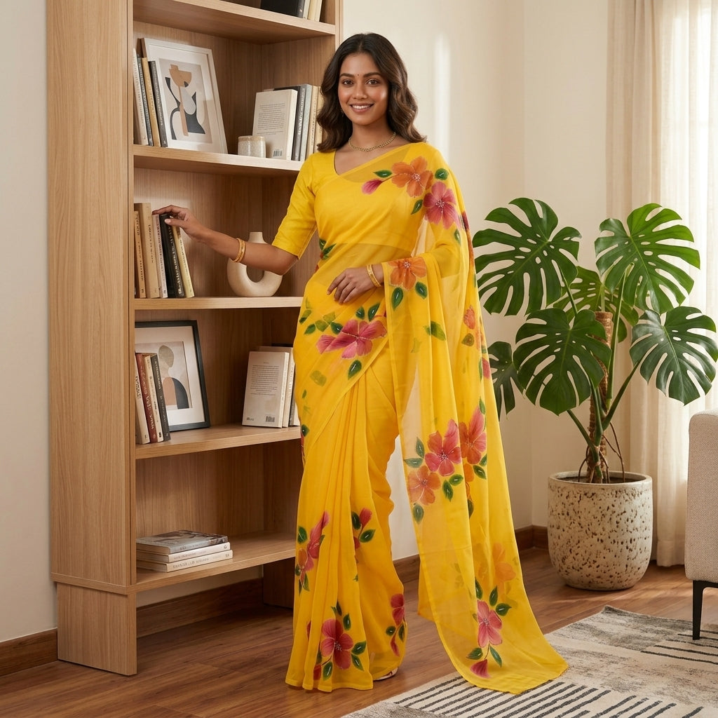 Bright Yellow Floral Handmade Madhubani Painting Saree with Blouse
