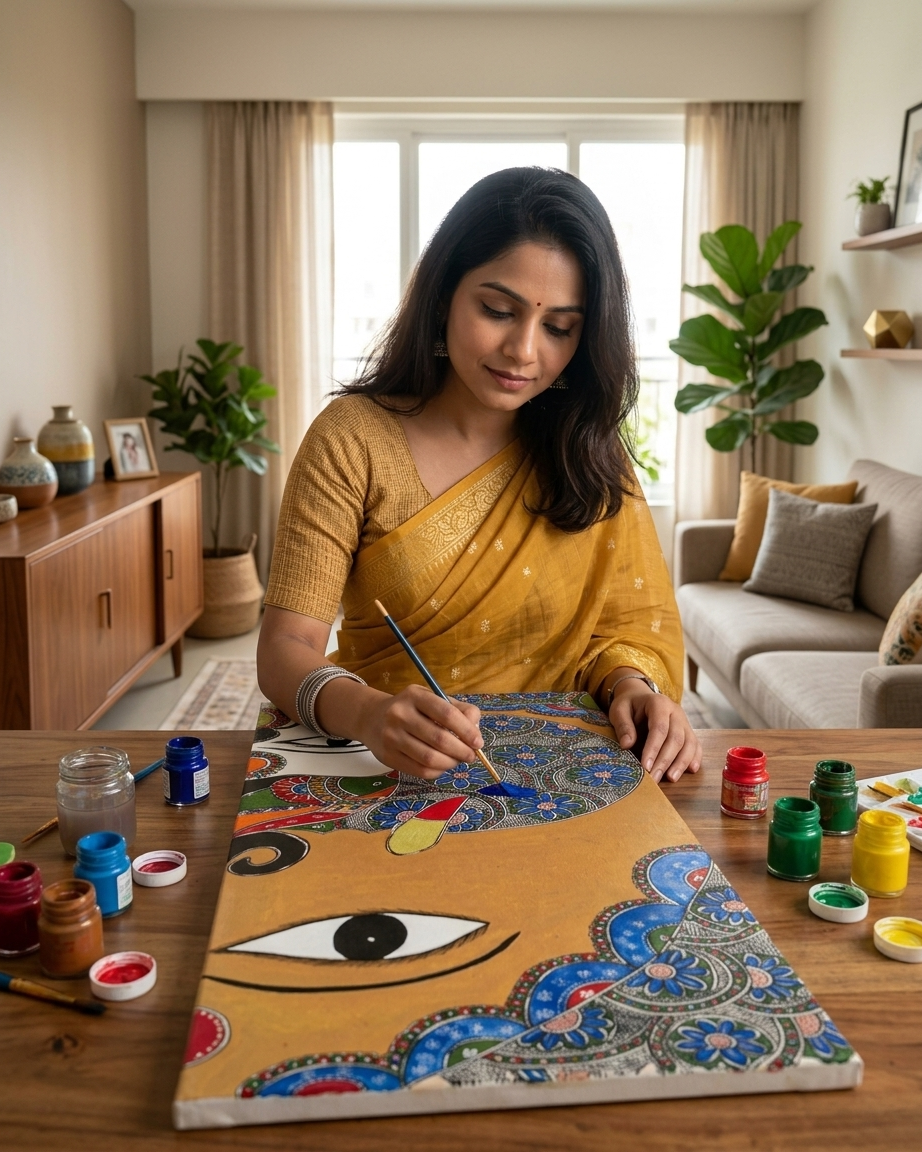 Ganesha & Krishna Madhubani Painting with Frame – Handcrafted Wall Art