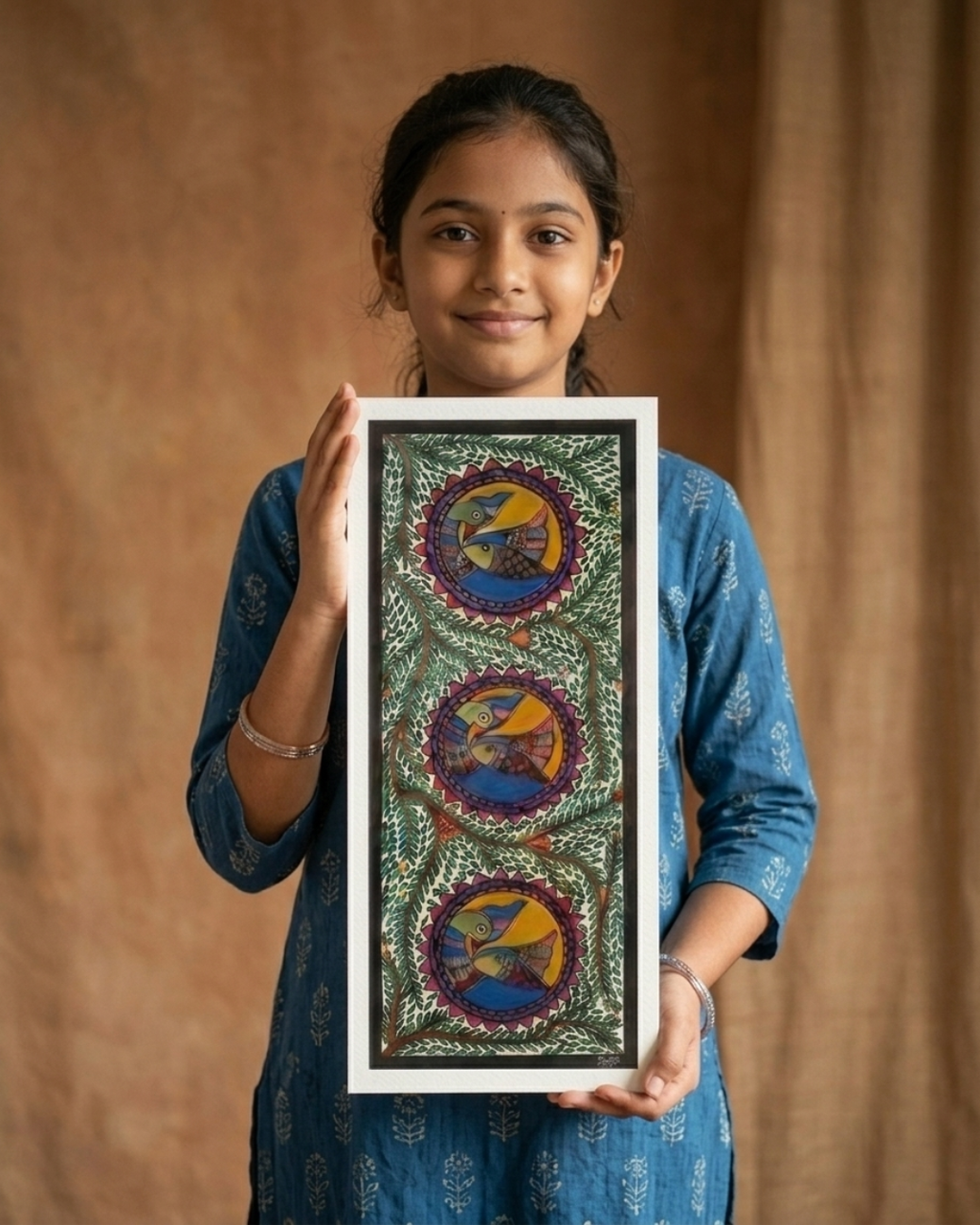 Peacocks and Fish Madhubani Painting on Handmade Paper (11x28 Inch) – Traditional Mithila Folk Art Wall Decor