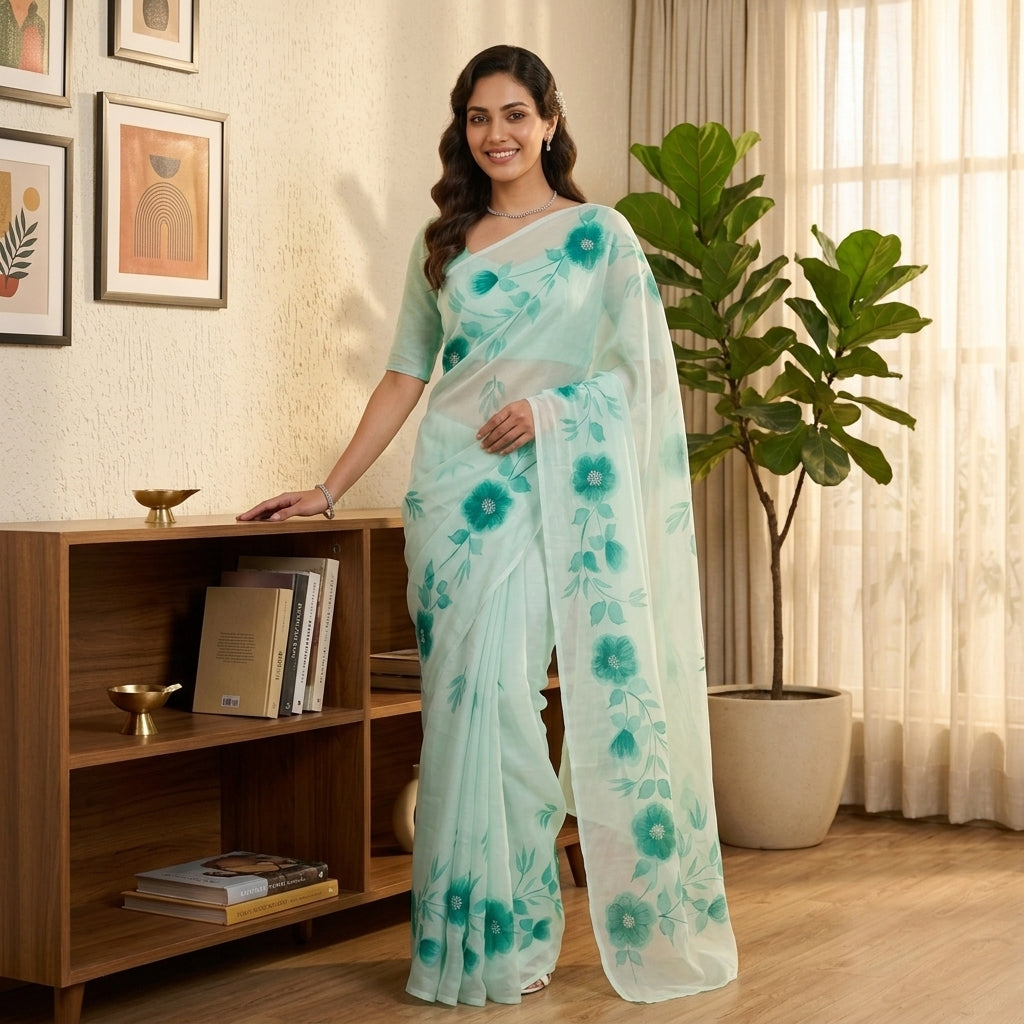 Mint Green Floral Handmade Madhubani Painting Saree with Blouse
