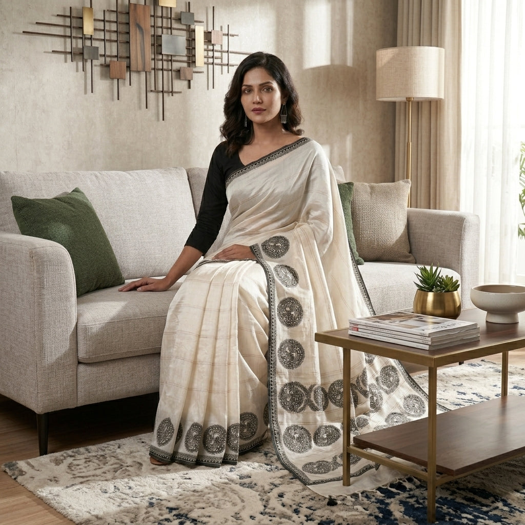 Handmade Madhubani Painting  Saree with Blouse Piece – Traditional Mithila Art Saree for Women