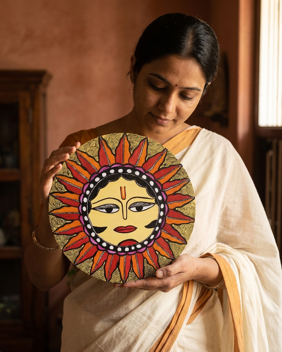 Handmade Lord Surya Madhubani Painting Wall Art on MDF Board  – Traditional Mithila Art Decor