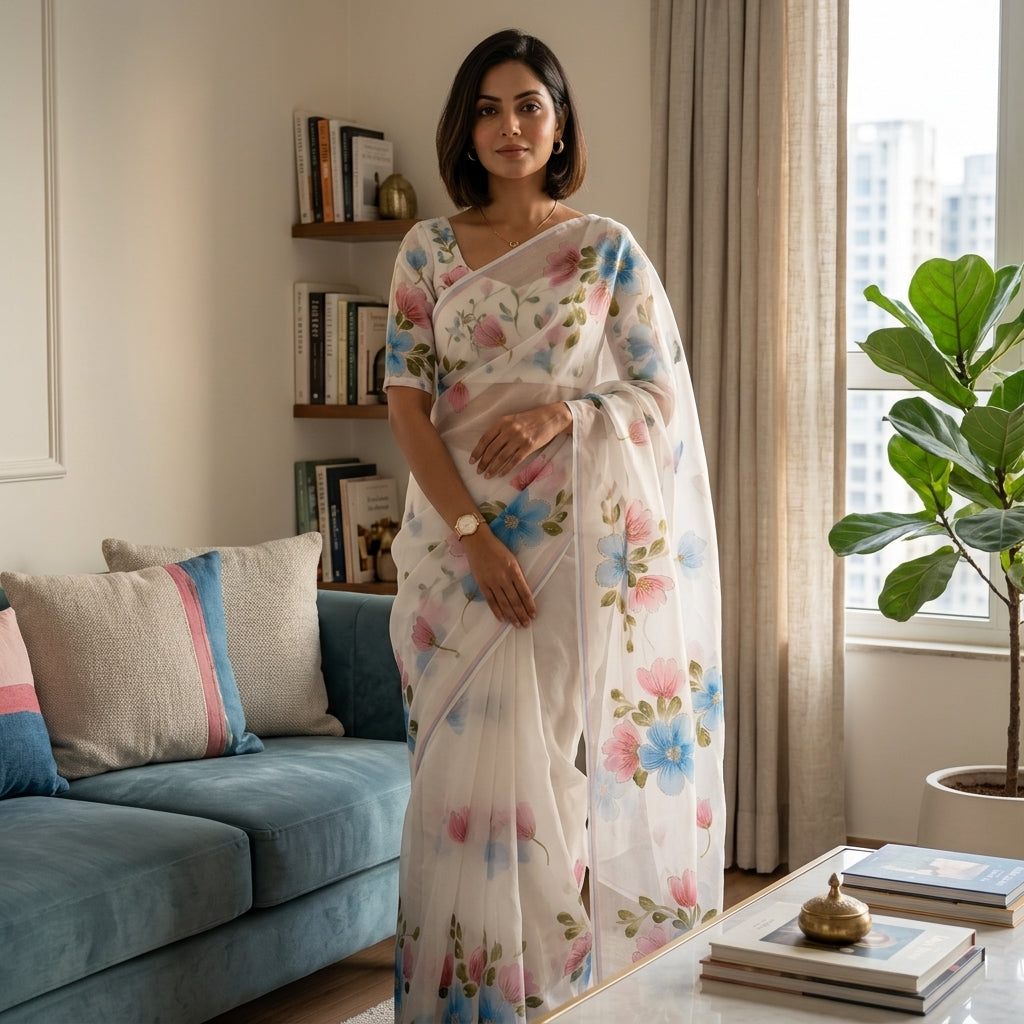 White Floral Handmade Madhubani Painting Saree with Blouse