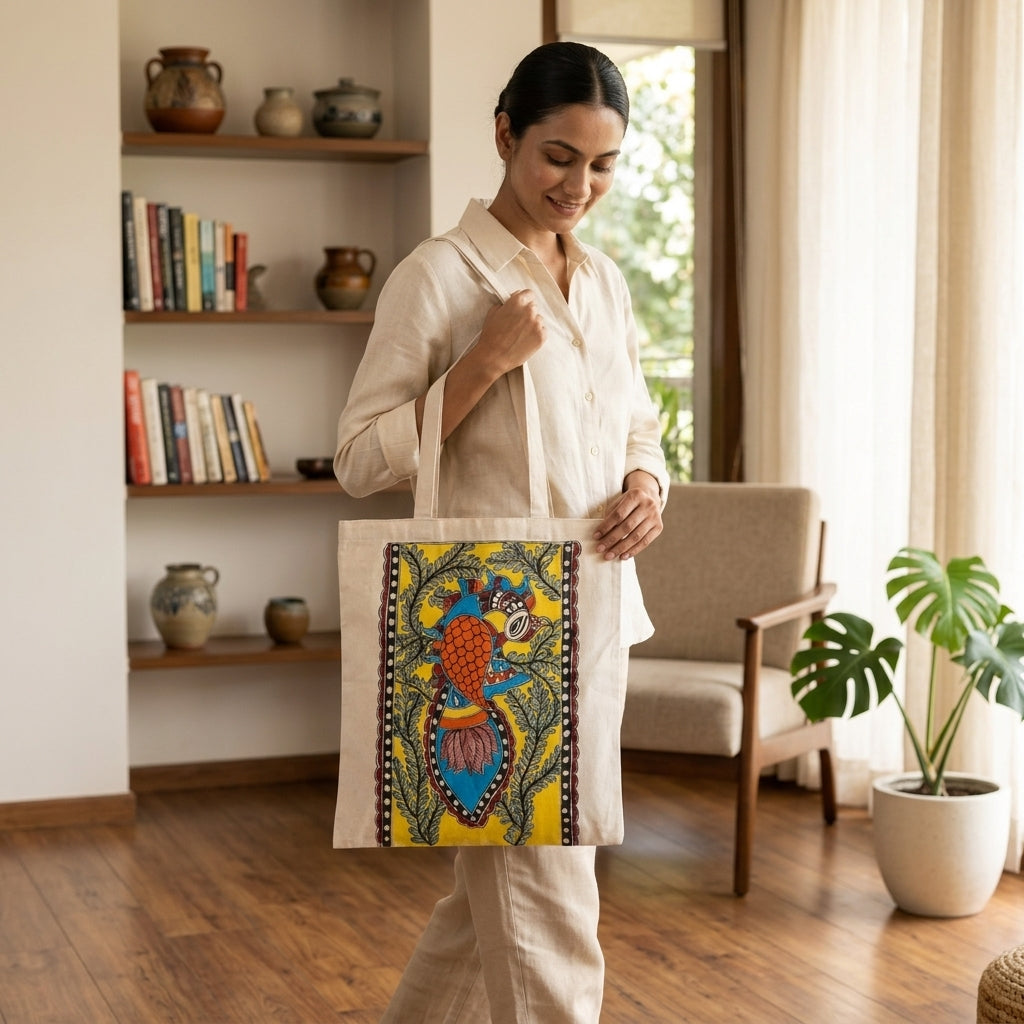 Handcrafted Madhubani Painting Tote Bag –  Eco-Friendly Shopping & Everyday Carry Bag