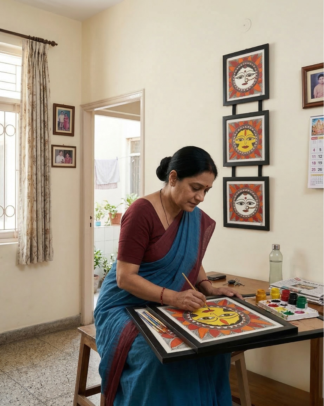 Sun Madhubani Triple Frame Wall Hanging – Handmade Mithila Art Decor