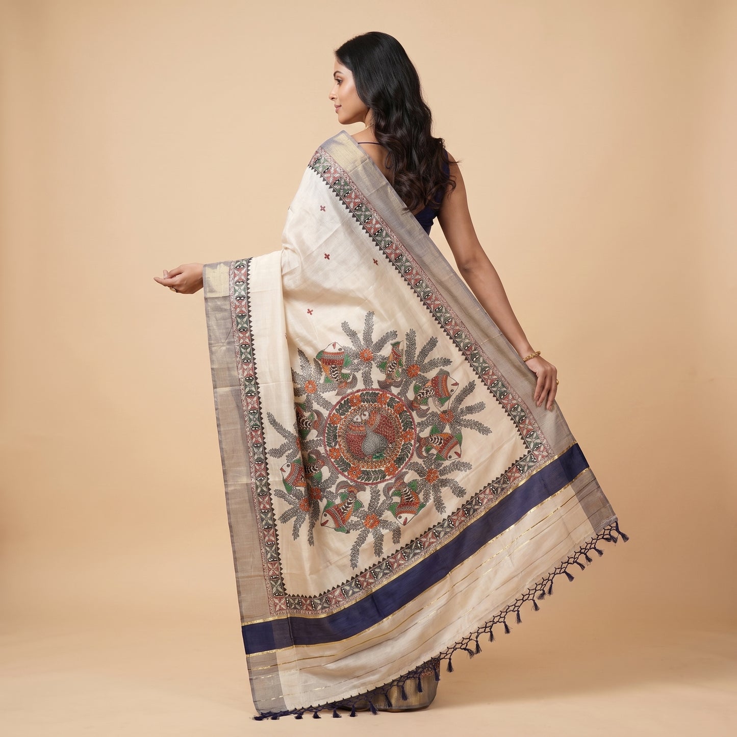 Light Cream Handmade Madhubani Painting Saree for Women