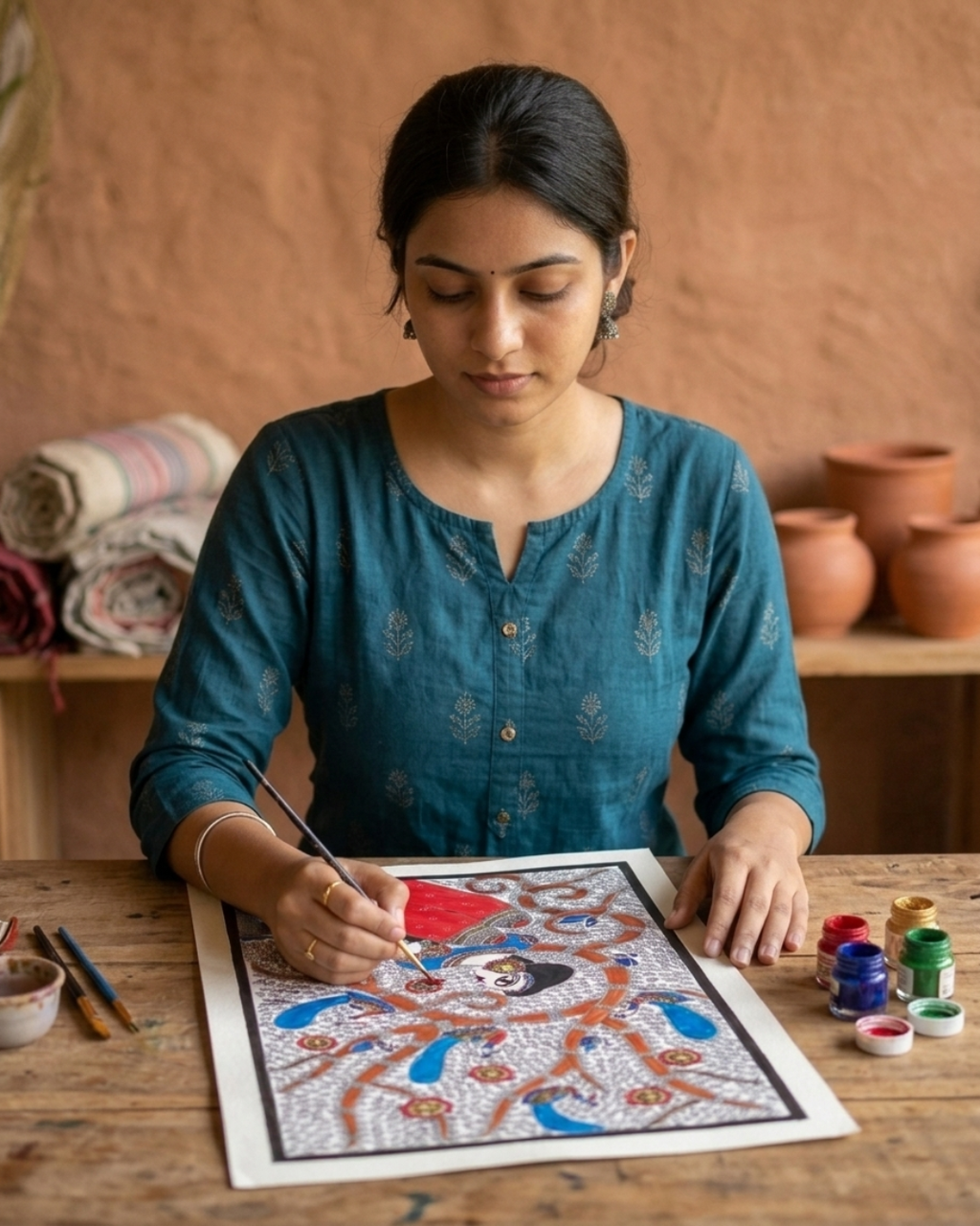 Bharti Mata Madhubani Painting on Handmade Paper (14x22 Inch) – Traditional Mithila Folk Art Wall Decor