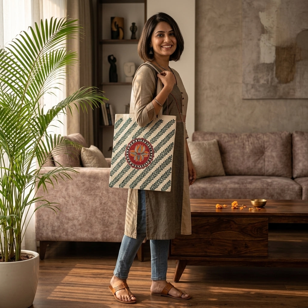Madhubani Art Tote Bag – Handmade Traditional Indian Painting Carry Bag for Daily Use
