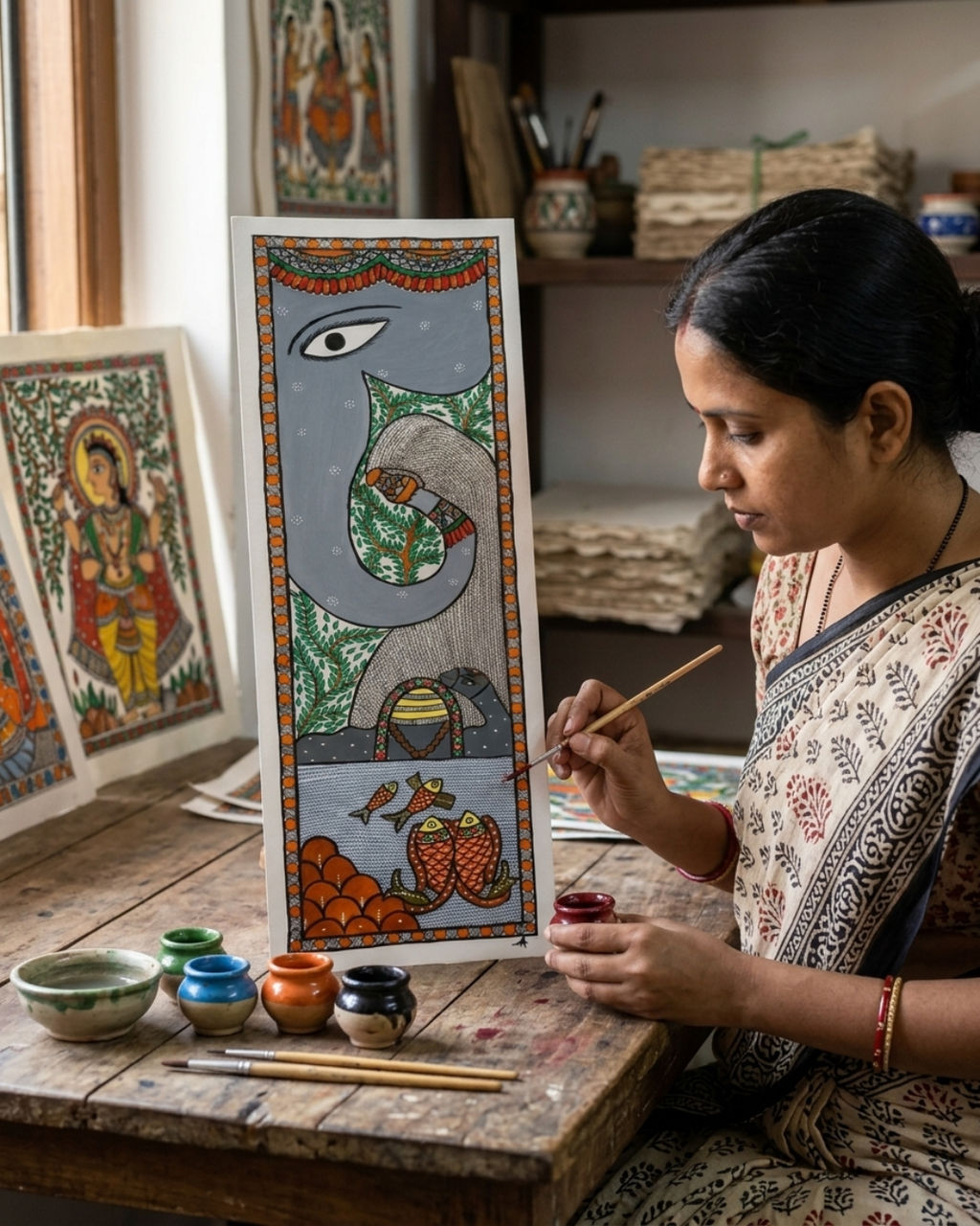 Elephant Tree of Life Madhubani Painting – Handmade Paper Art