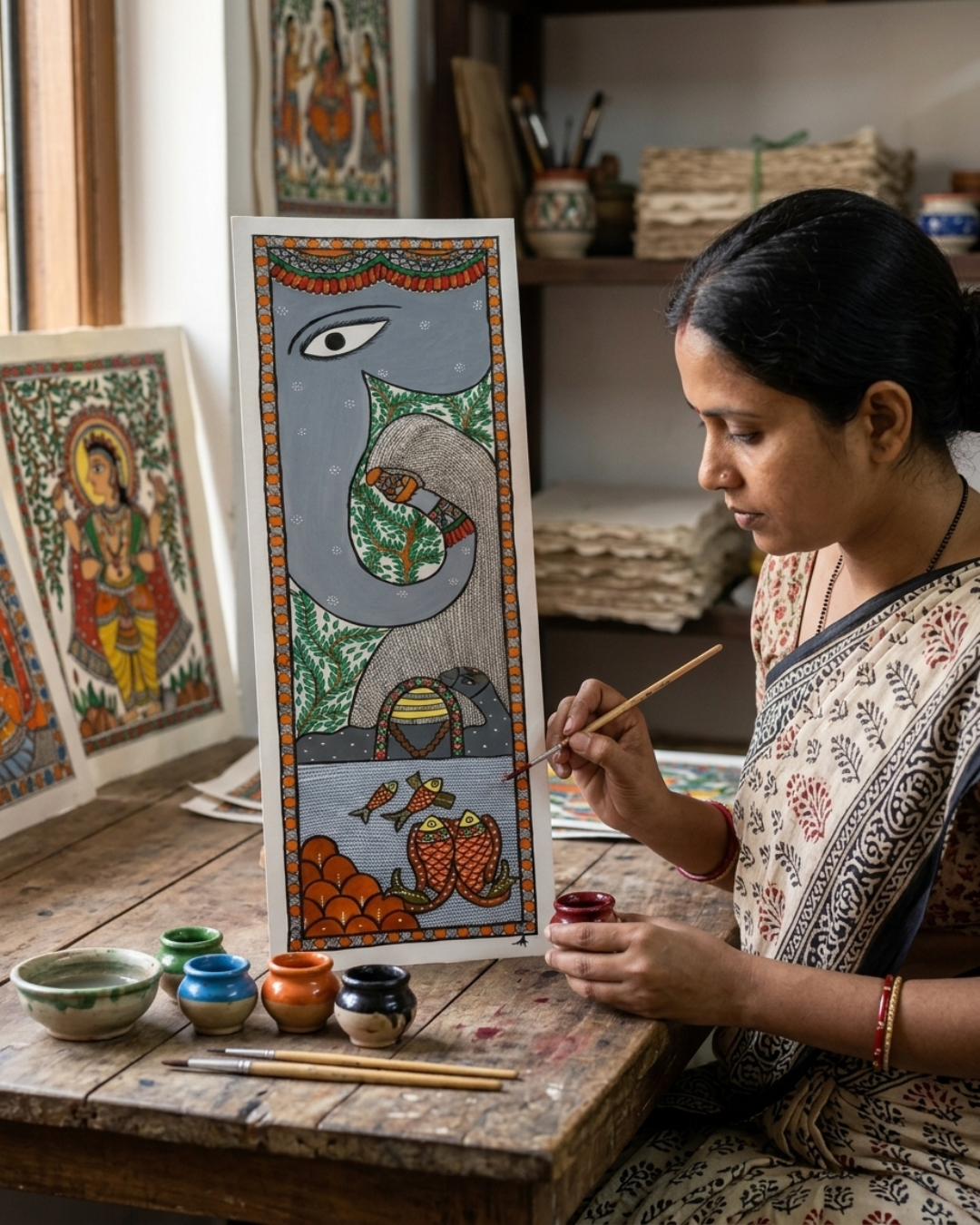 Elephant Tree of Life Madhubani Painting – Handmade Paper Art