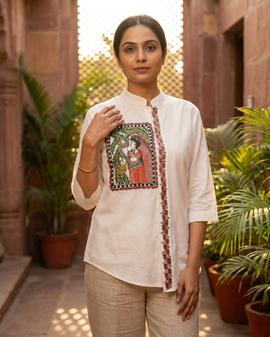 Women’s Madhubani Painting Shirt – (Size L) | Handcrafted Ethnic Designer