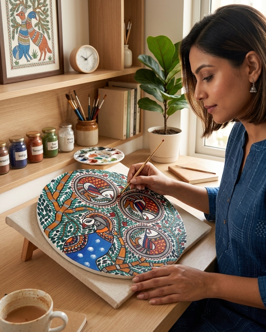 Peacock and Fish Madhubani Wall Art on MDF Board – Handmade Mithila Painting for Home Decor