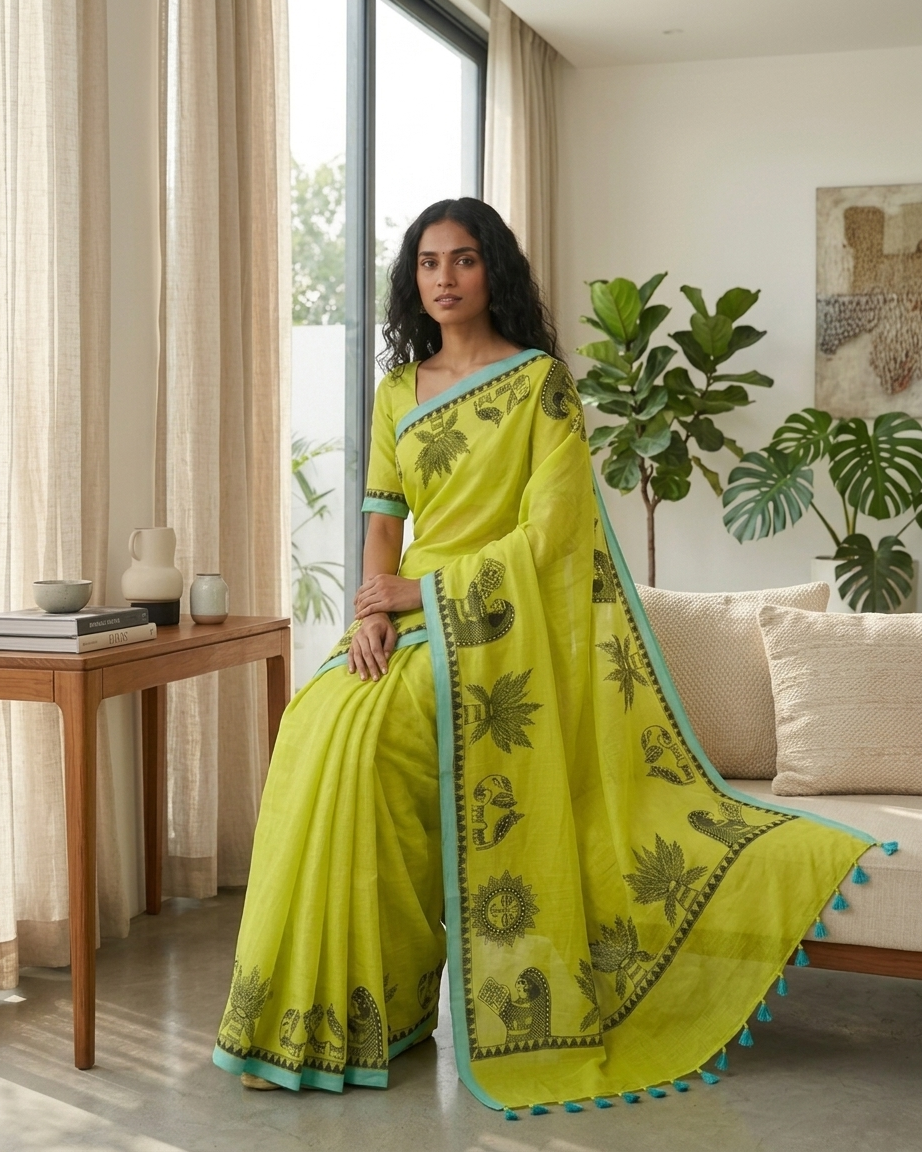 Handmade Madhubani Painting Saree with Blouse | Chhath Puja Saree