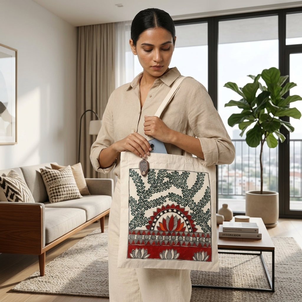 Madhubani Painting Tote Bag – Handmade Art Bag for Shopping, Travel & Daily Use
