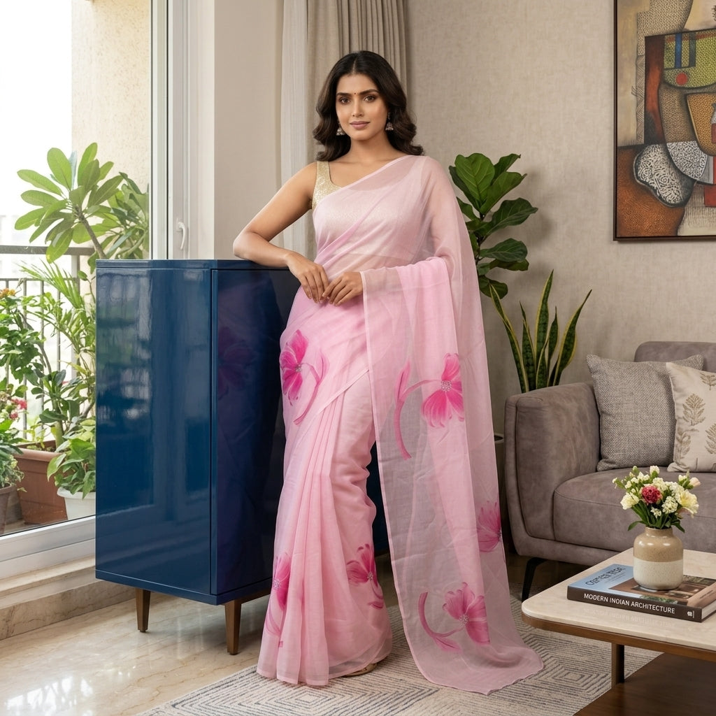 Floral Handmade Madhubani Painting Saree with Blouse Piece – Elegant Hand-Painted Mithila Art Saree for Women
