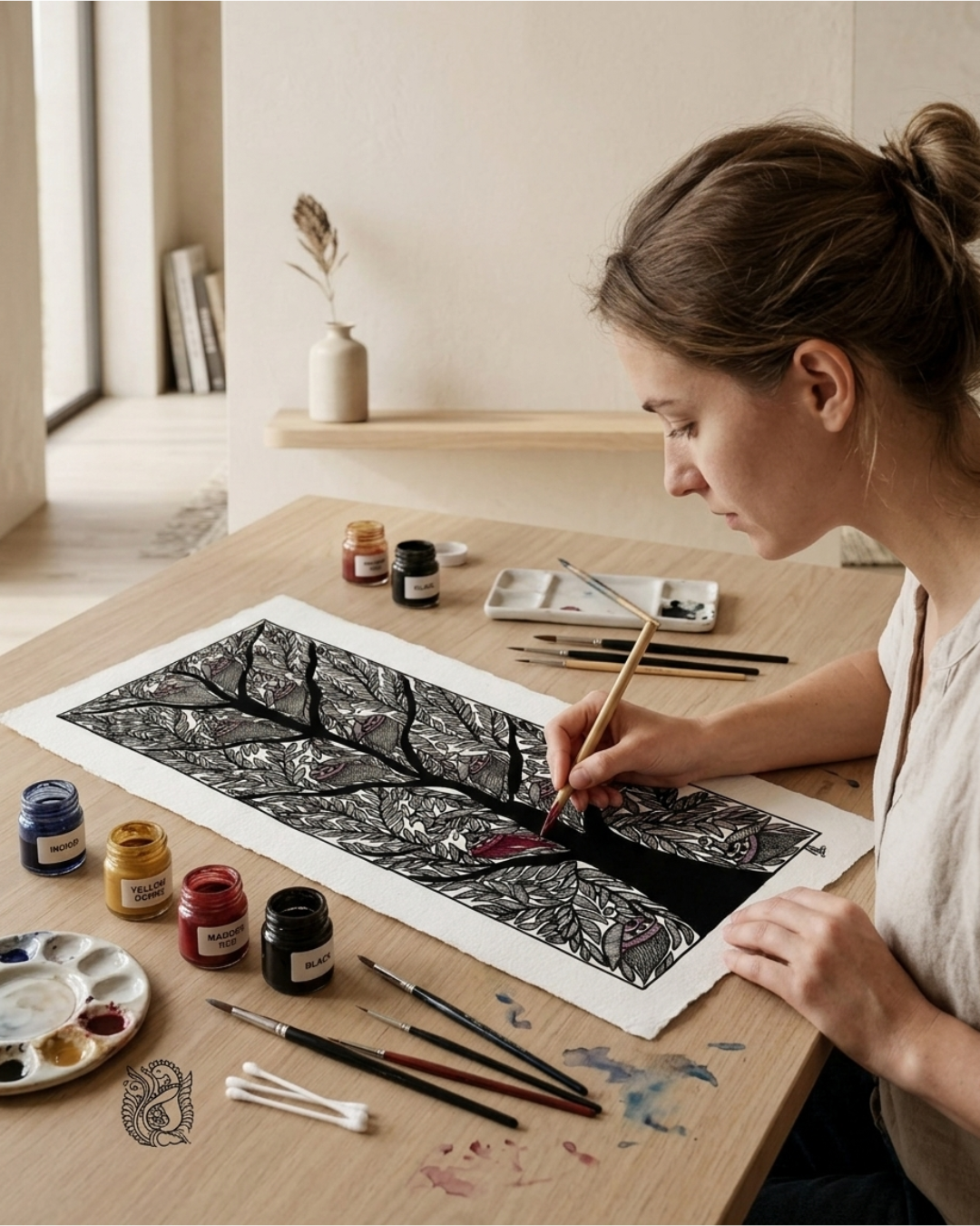 Black & White Tree of Life Madhubani Painting | Handmade Art