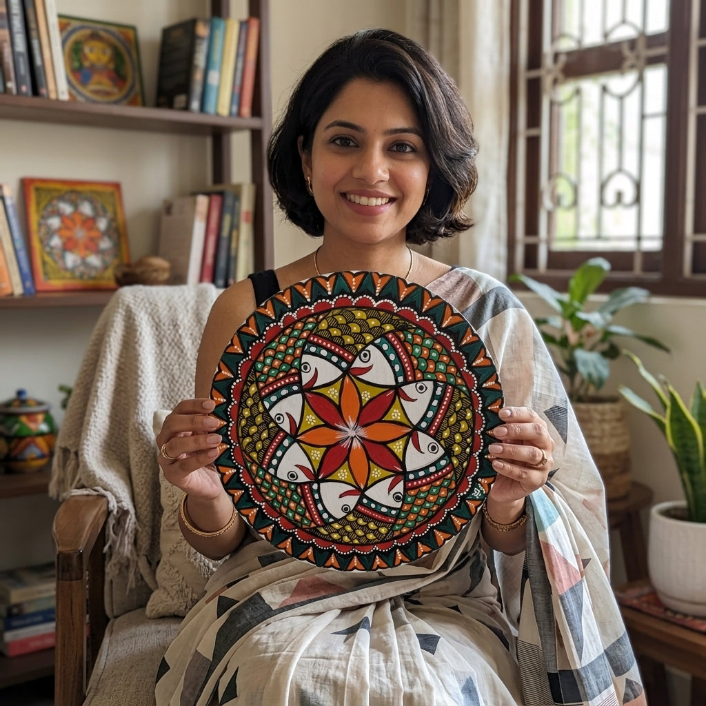 Fish Collage Madhubani Wall Art on MDF Board – Handmade Mithila Painting for Home Décor