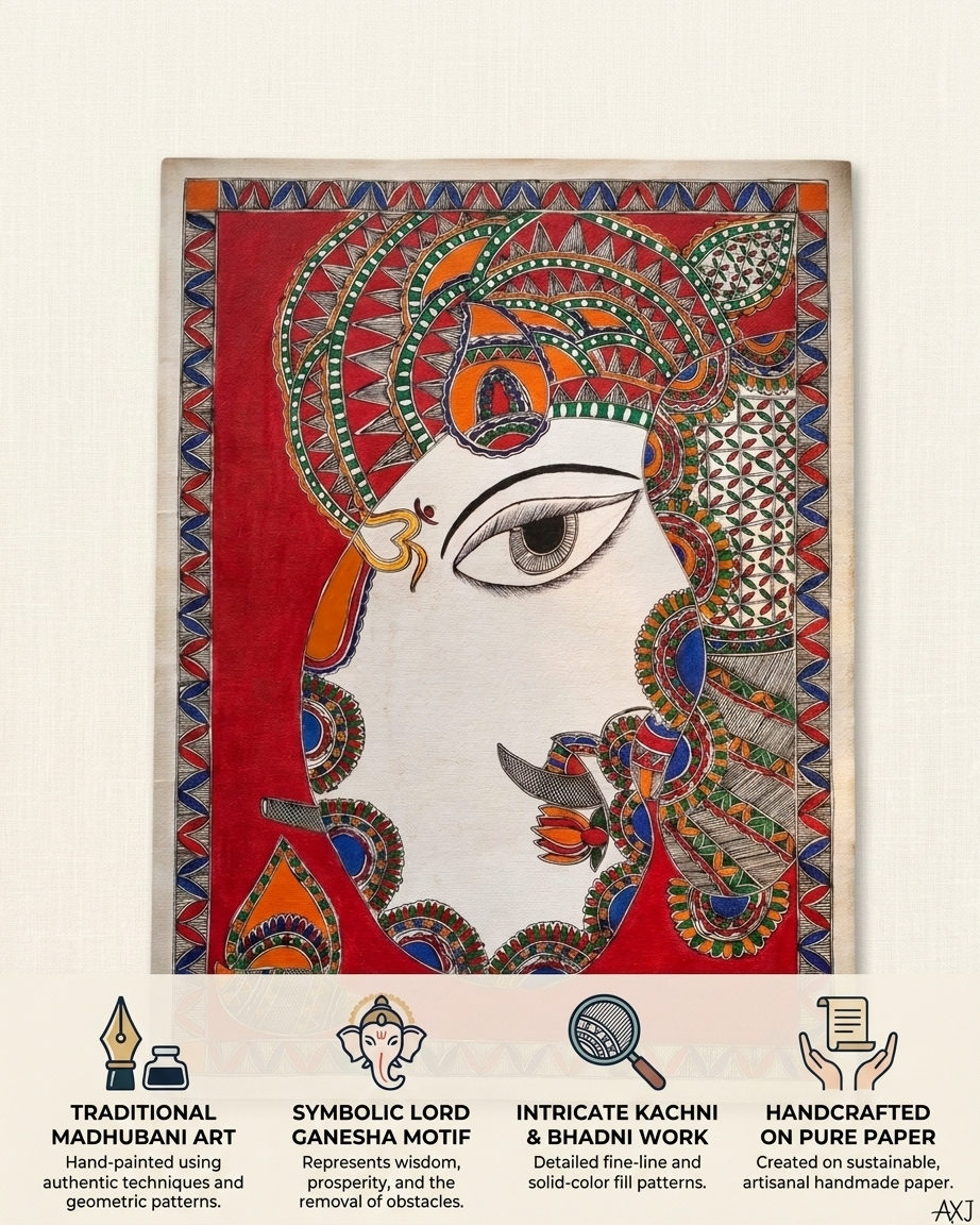 Ganesha Madhubani Painting Handmade Paper Wall Art Without Frame